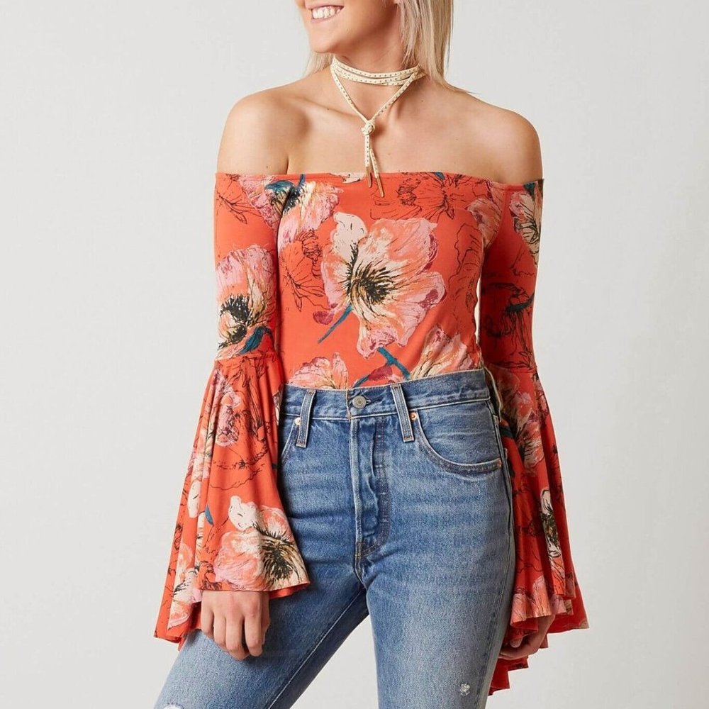Free People We The Free Birds of Paradise Boho Top S Off Shoulder Orange